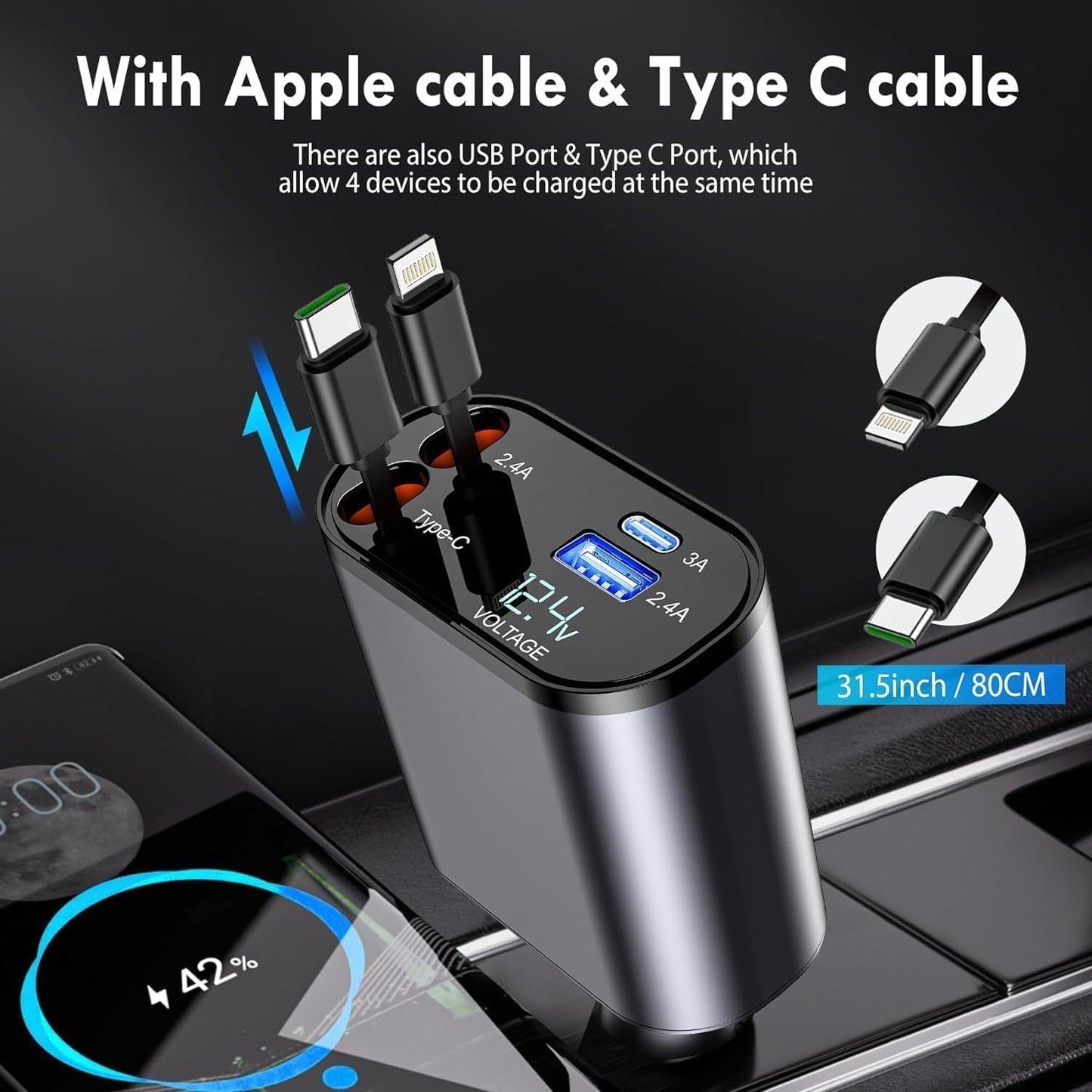 Gazotronics Car Fast Charger 4 in 1, 120 Watt, With Screen (Pack of 1)
