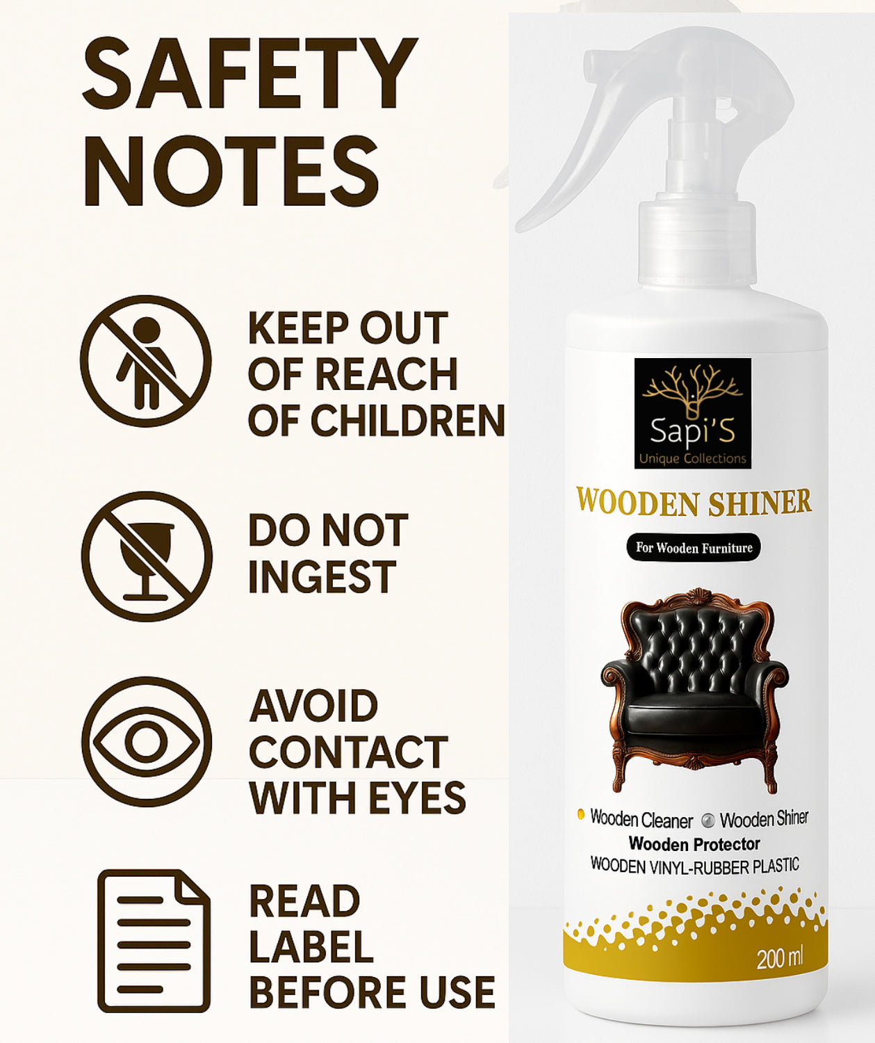 Sapi’S Wooden Shiner 200ml – Furniture Cleaner, Polish & Protector for Wood, Vinyl & Plastic - Sapi'S Crafterina