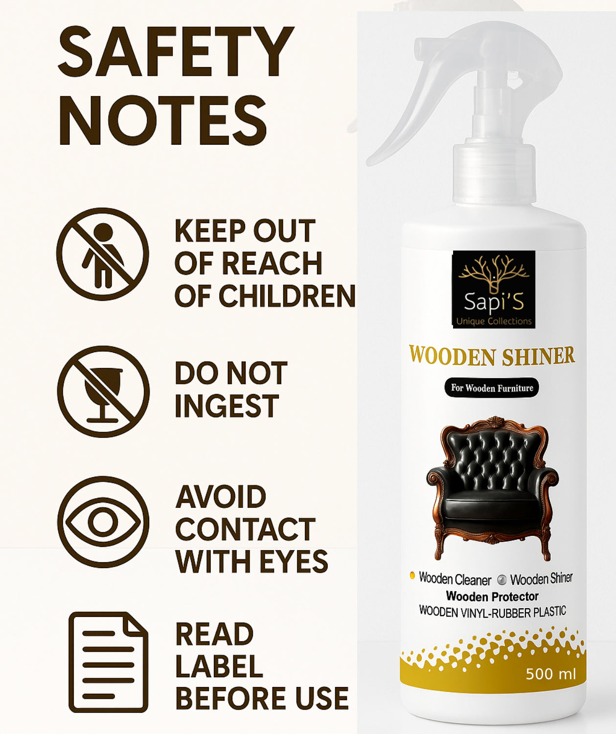 Sapi’S Wooden Shiner 500ml – Advanced Wood Cleaner & High-Gloss Furniture Polish - Sapi'S Crafterina