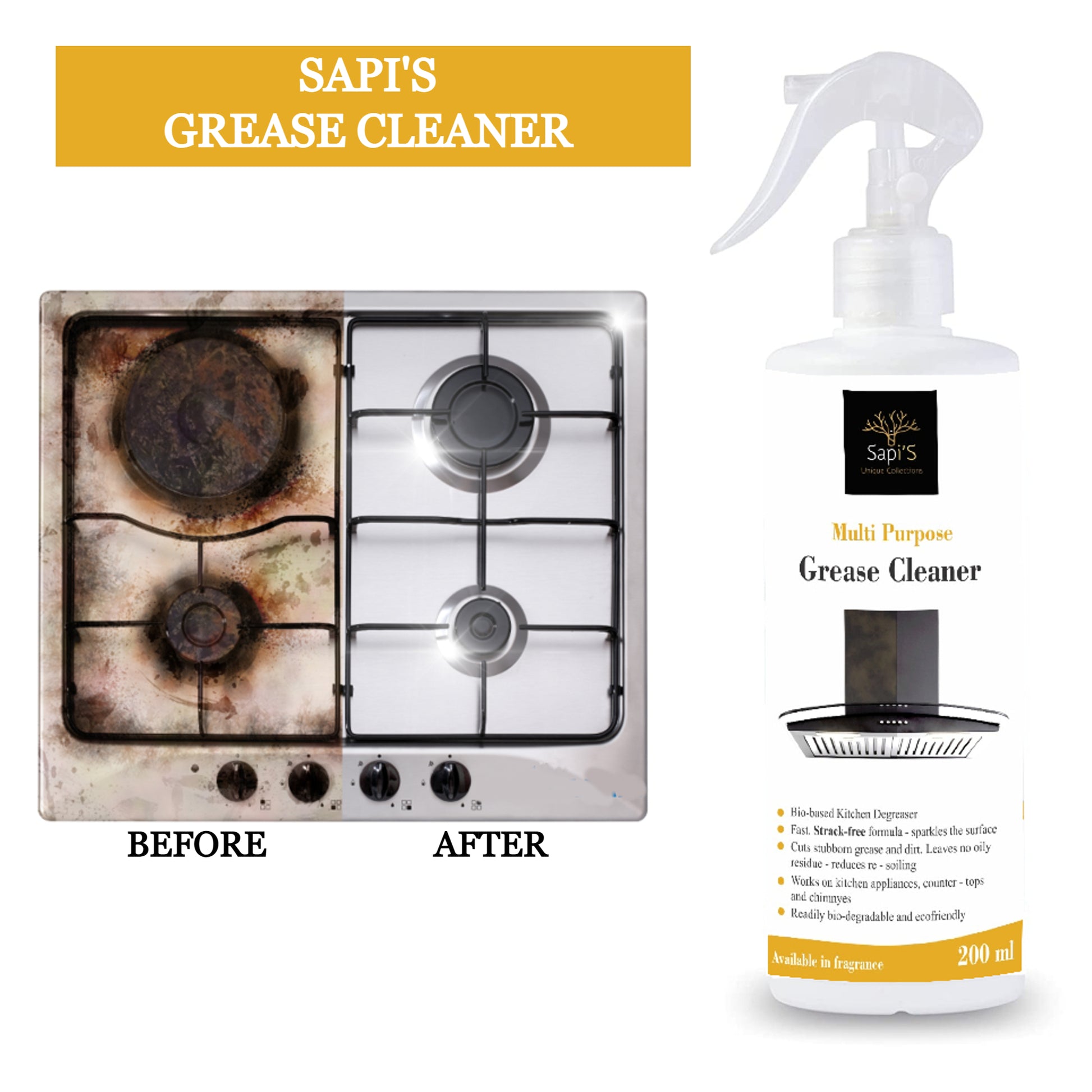 Sapi’S Multi-Purpose Grease Cleaner – 200 ml | Powerful Kitchen Oil & Stain Remover - Sapi'S Crafterina