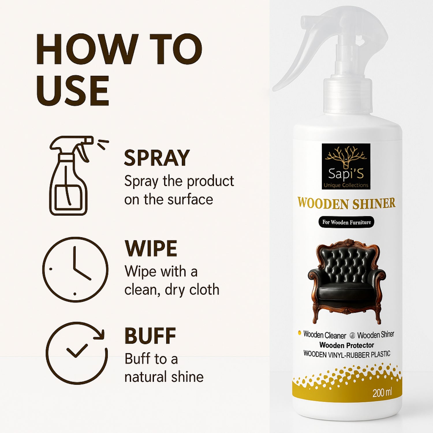 Sapi’S Wooden Shiner 200ml – Furniture Cleaner, Polish & Protector for Wood, Vinyl & Plastic - Sapi'S Crafterina