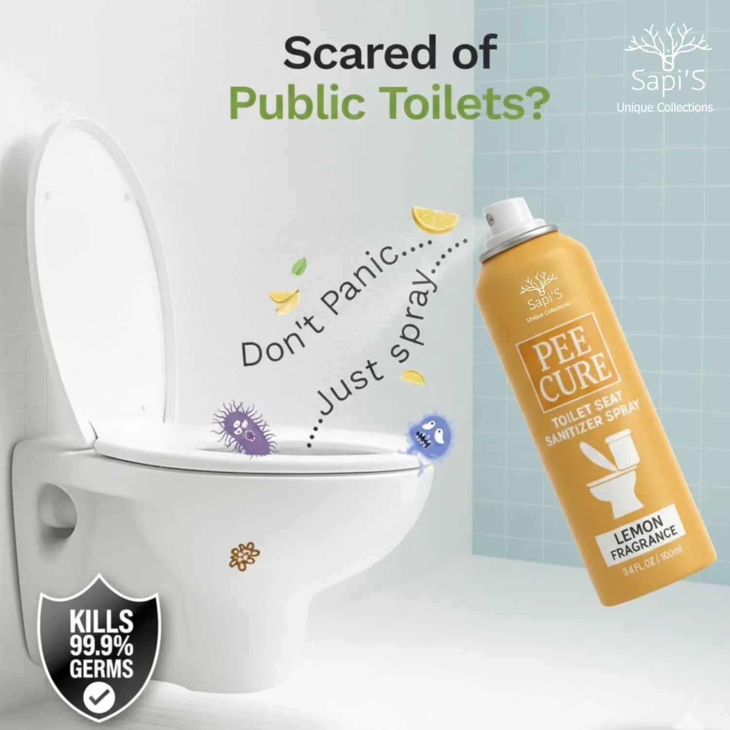 Sapi’S Pee Cure – Toilet Seat Sanitizer Spray | Lemon Fragrance | Kills 99.9% Germs - Sapi'S Crafterina