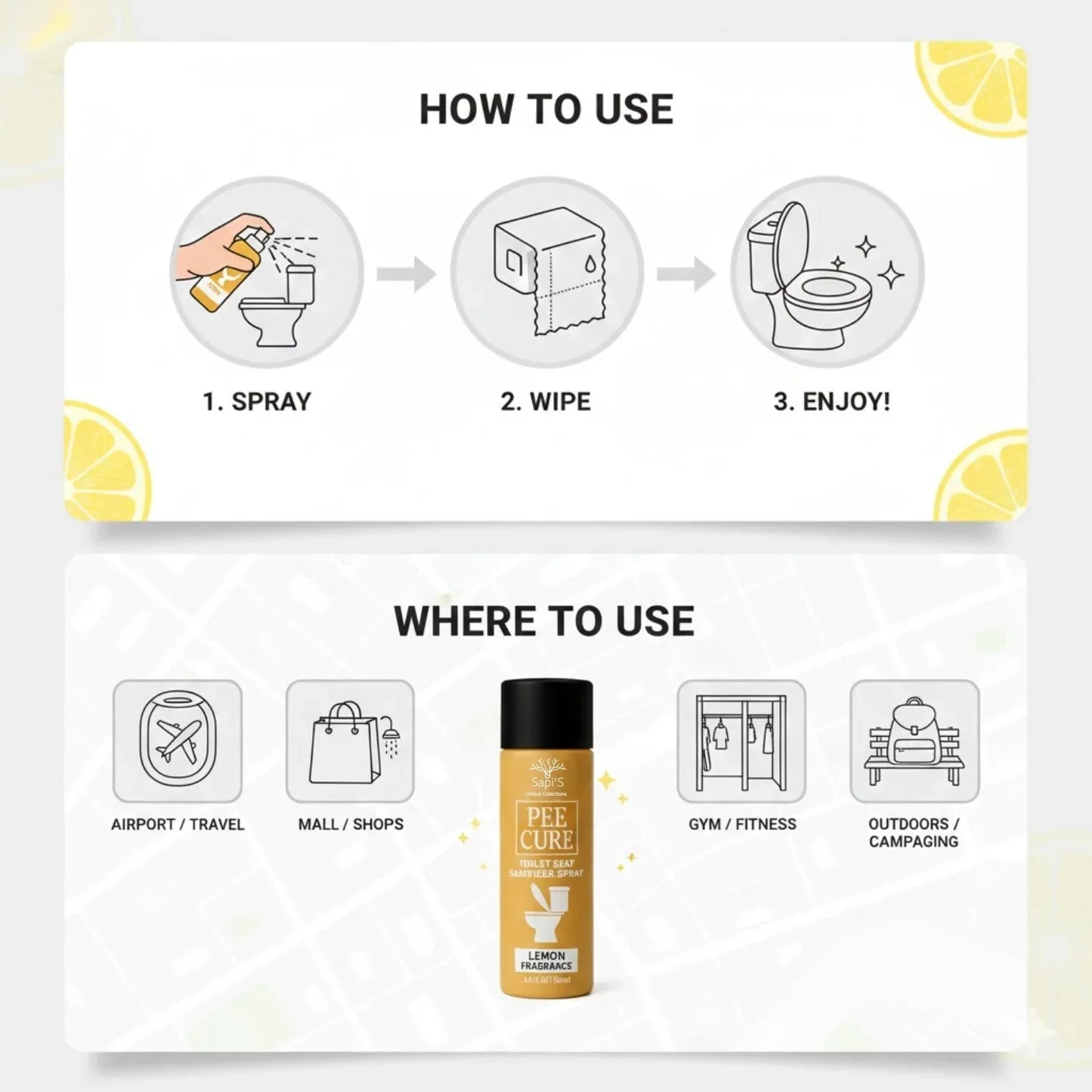 Sapi’S Pee Cure – Toilet Seat Sanitizer Spray | Lemon Fragrance | Kills 99.9% Germs - Sapi'S Crafterina