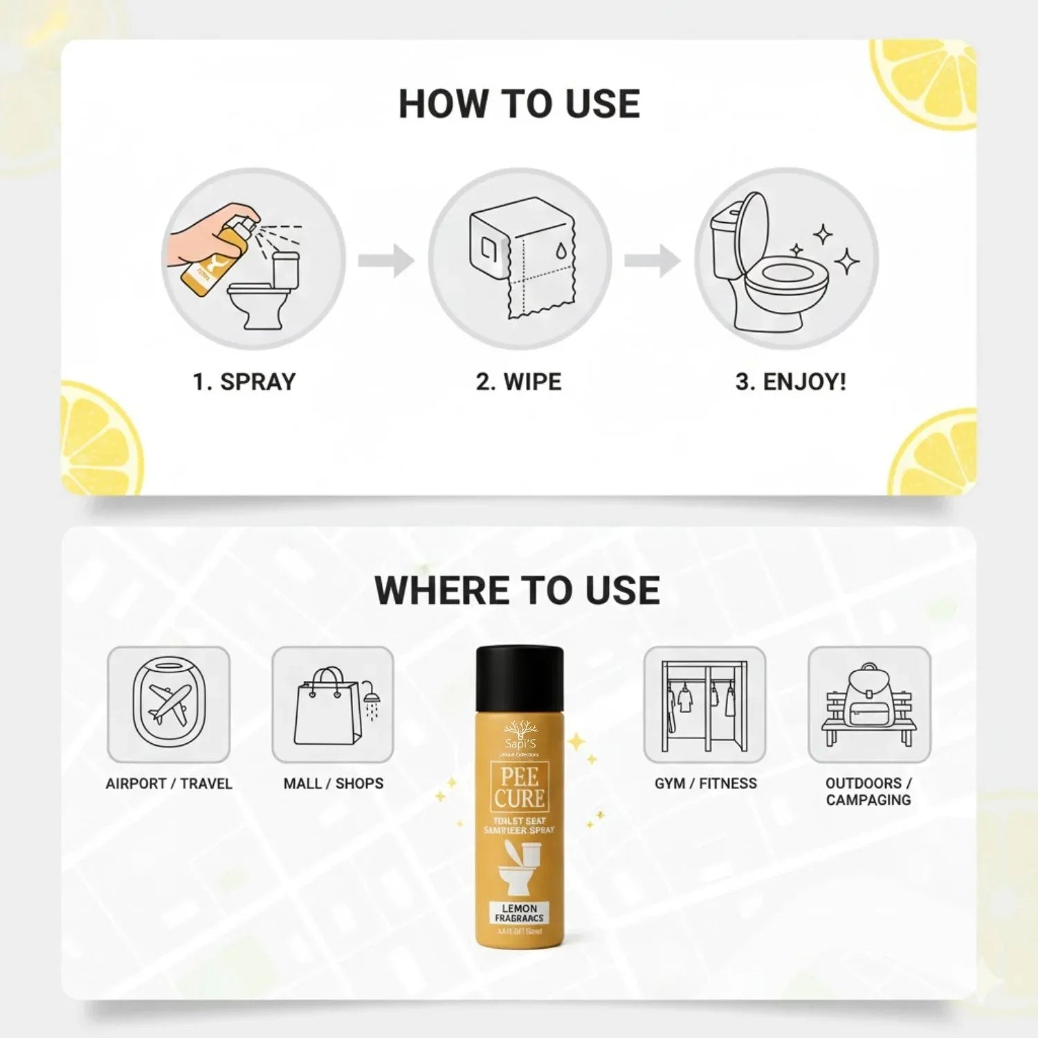 Sapi’S Pee Cure – Toilet Seat Sanitizer Spray | Lemon Fragrance | Kills 99.9% Germs - Sapi'S Crafterina