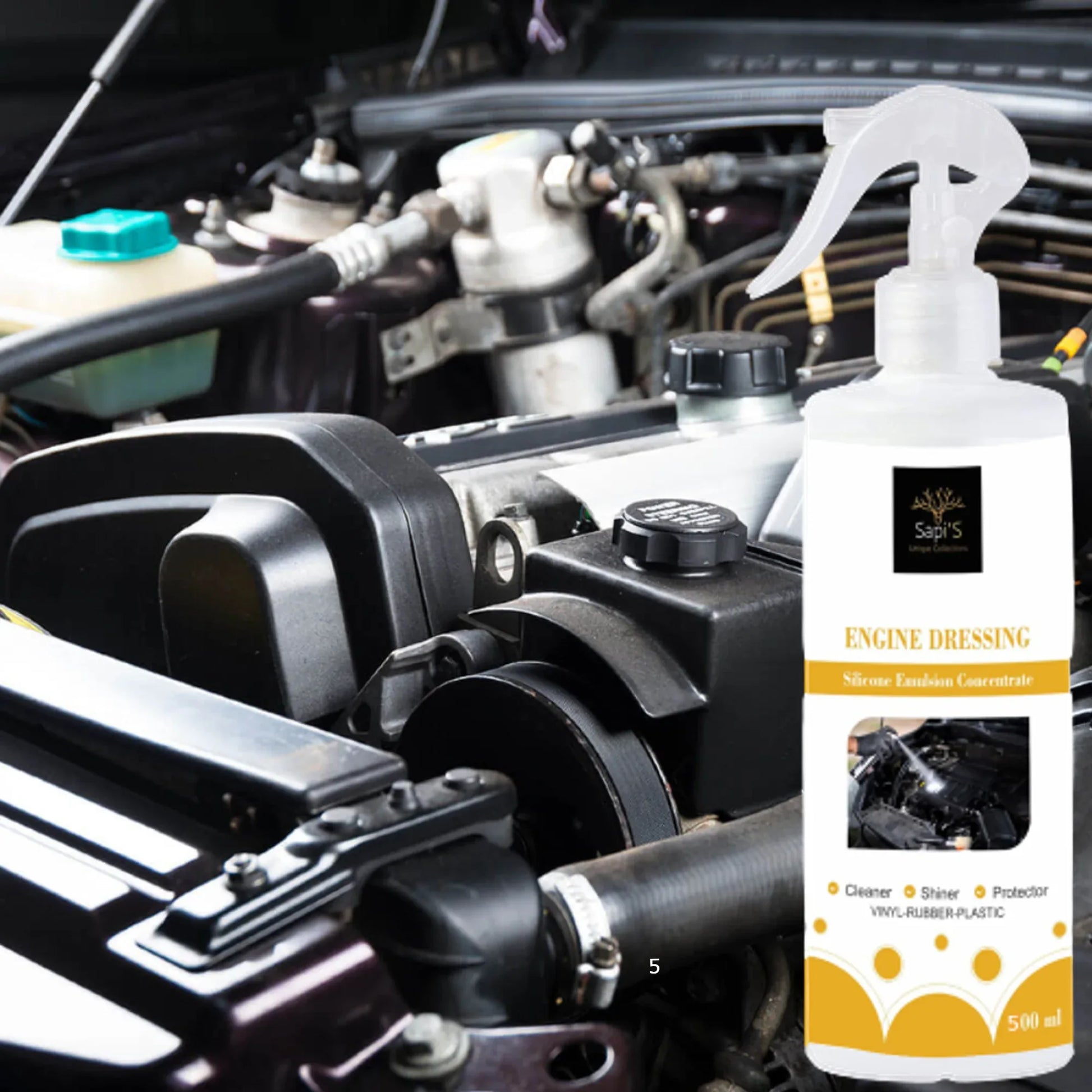 Sapi’S Engine Dressing – 500 ml | High-Gloss Silicone Emulsion for Engine Bay, Vinyl, Rubber & Plastic - Sapi'S Crafterina